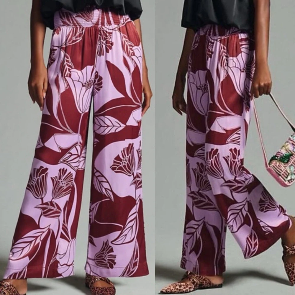 Maeve X Anthropologie Saria Smocked Wide Leg Pants Lilac Floral Tropical